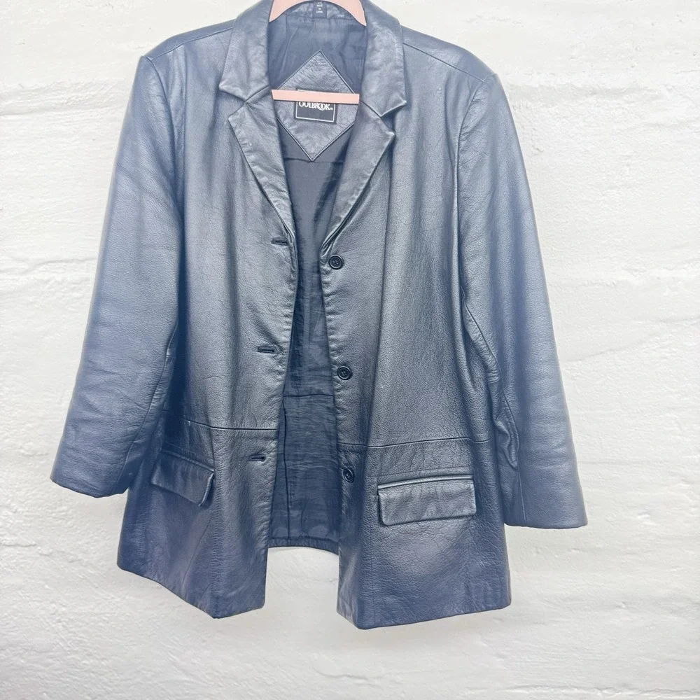 Vintage Outbrook Black Leather Coat 4 Button Blazer Jacket Size Large  90s Y2K